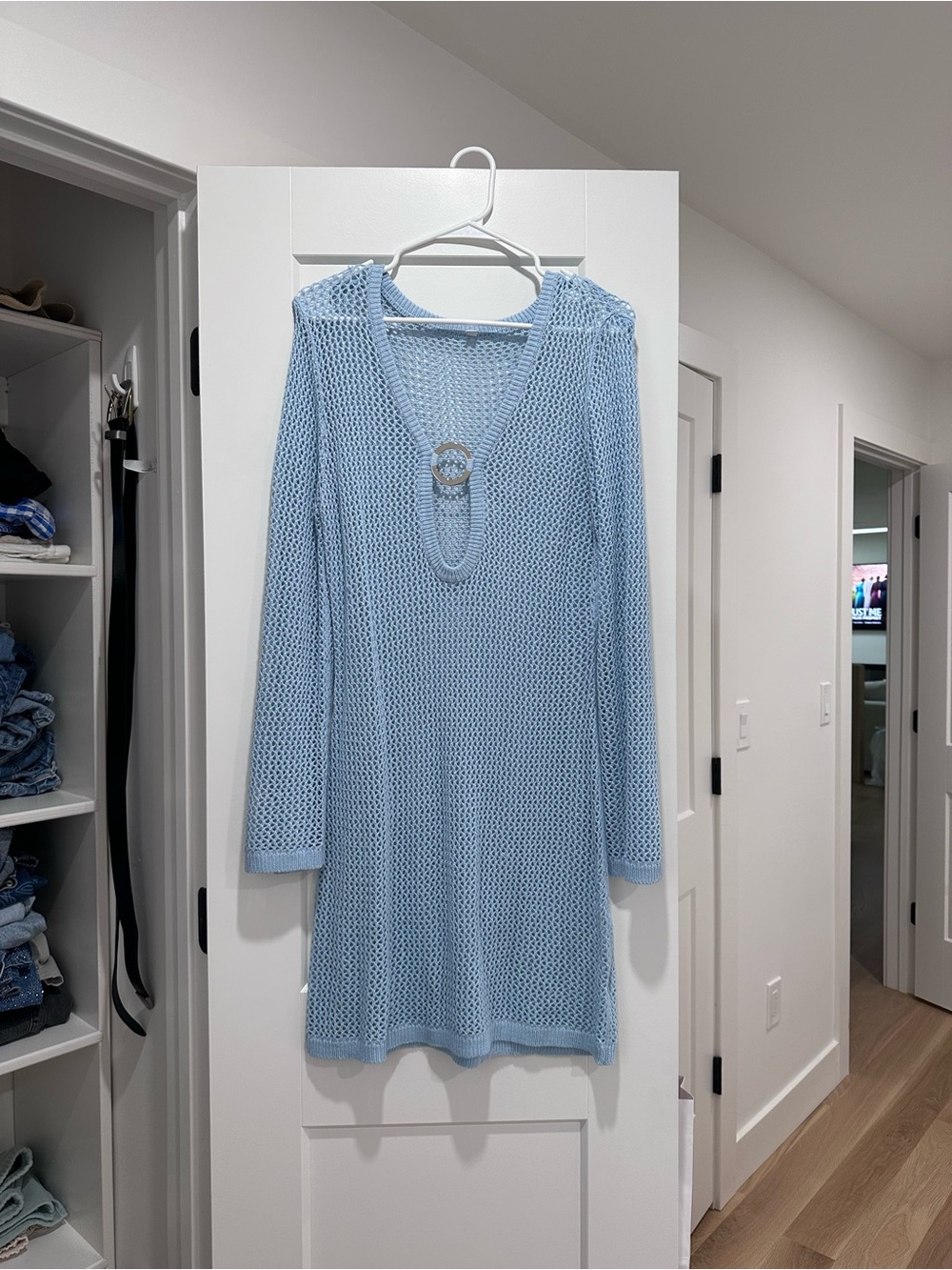 Amazon Light Blue Open-Knit Swim Cover-Up with Decorative Ring